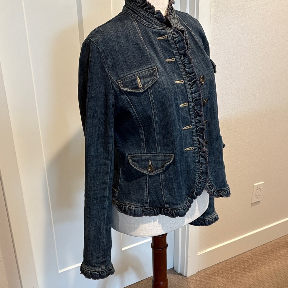 INC Ruffled Dark Denim Jacket - Women Size Large - Picture 2 of 12